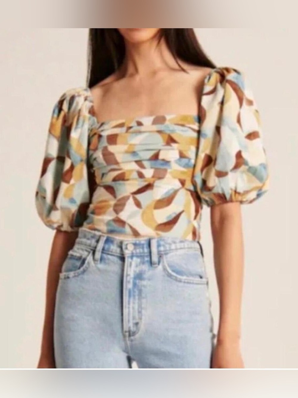 Abercrombie & Fitch Puff Sleeve Square Neck Geometric Printed Top